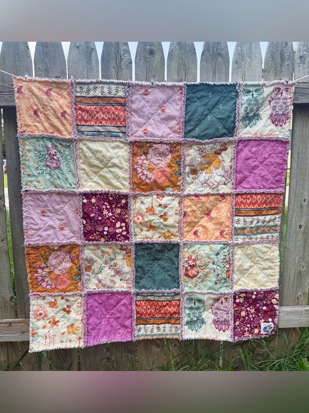 Handmade Woodland Baby Quilt: Patchwork Quilt, Cotton Rag Quilt, Moonlight Bunni